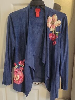 V Cristina SzXL Blue Shrug Front Embroidered Floral feels like Suede